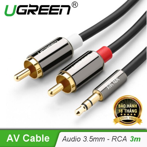 Dây loa 3.5mm sang 2 đầu AV dài 3m UGREEN 10590 - Cáp audio 3.5 ra 2 đầu RCA _Hàng chính hãng bảo hành 18 tháng