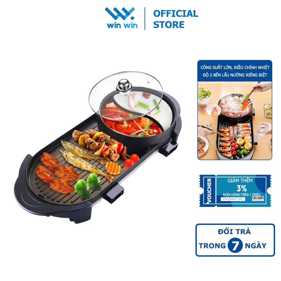 Bếp lẩu nướng Đa năng 2 trong 1, Công suất 2200W bề mặt chống dính truyền nhiệt nhanh, tiện lợi cho mọi gia đình