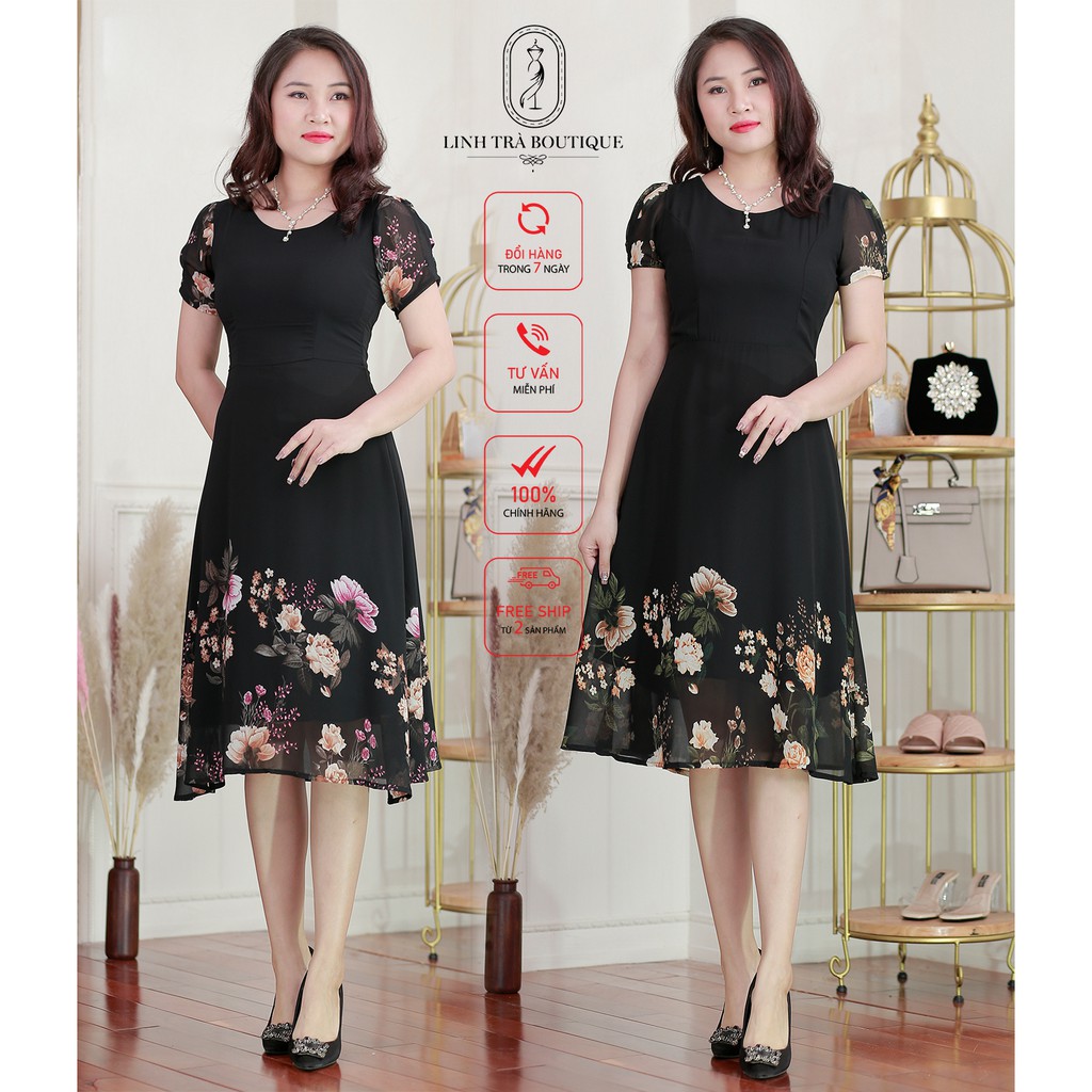 Đầm trung niên cao cấp [LINH TRÀ] đầm voan dáng xoè hoạ tiết hoa trẻ trung cực xinh - mã TM 134