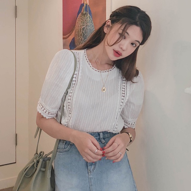 Áo Cổ Tròn Phối Ren Tay Lửng Ullzzang (ẢNH THẬT+VIDEO)