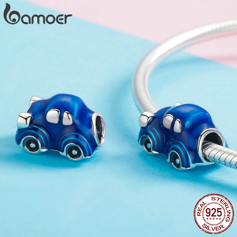 Hạt phụ kiện Bamoer SCC957 bạc 925 tráng men xanh dương kiểu xe hơi dễ thương trang trí vòng tay thủ công
