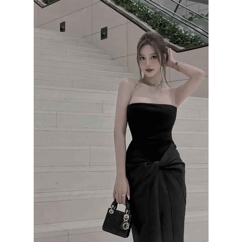 Đầm cúp ngực đen xoắn eo tafta