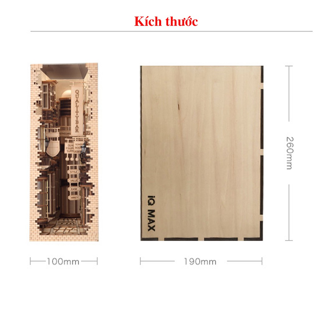 Mô hình diy bằng gỗ BOOK NOOK Hẻm Xéo, Trang trí kệ sách. Có đèn led. Miếng chặn sách tự làm. Quà tặng ý Nghĩa