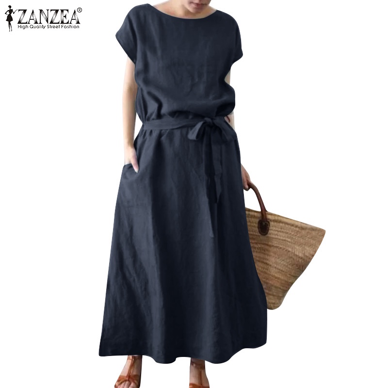 Đầm maxi Zanzea tay ngắn thời trang phong cách retro cho nữ