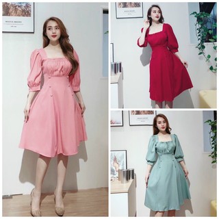 Đầm midi, váy xoè nhúng ngực 6 nút bọc (kèm hình thật)