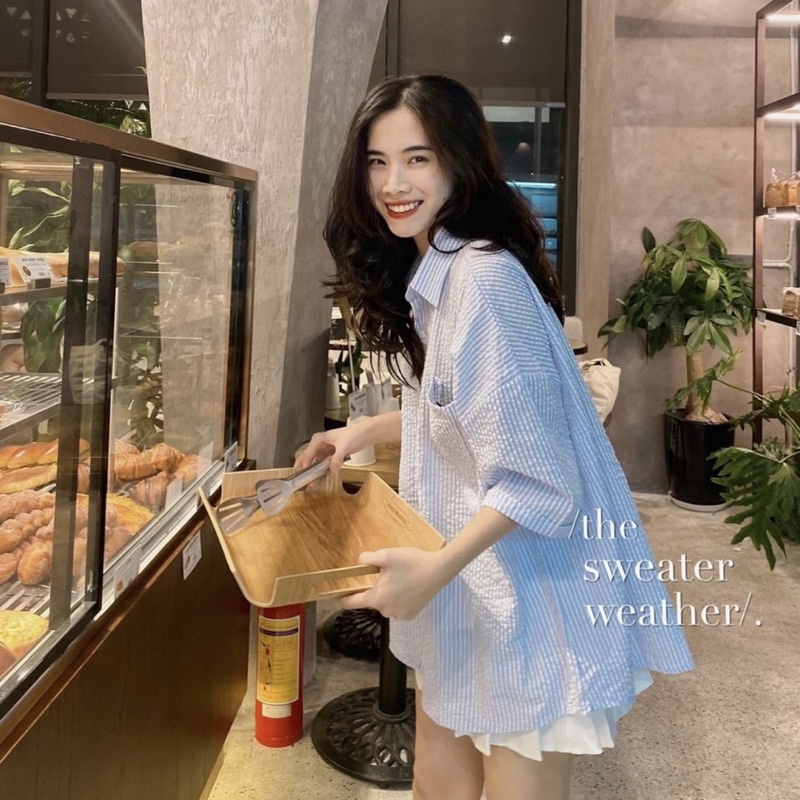 Áo sơ mi kẻ cộc tay đũi nhăn form OVERSIZE siêu rộng