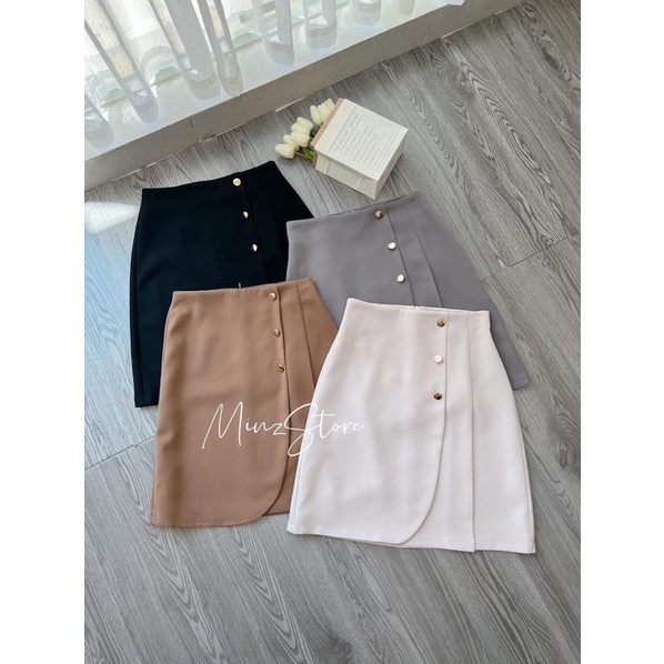 Chân Váy Chữ A Công Sở Xếp Ly Phối Cúc Dài Trên Gối