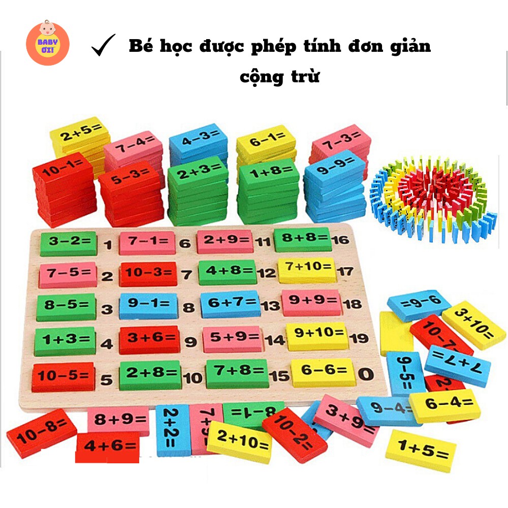 Bộ đồ chơi Domino toán học, set 110 quân cờ bằng gỗ, que tính học cộng trừ nhân chia, giáo dục sớm cho bé