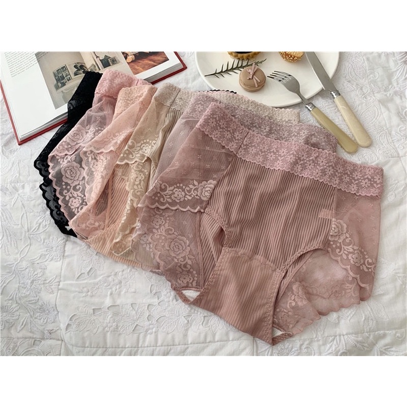 Quần lót Lưng Cao gen bụng Tăm lạnh , Quần lót ren cao Cấp Đáy 100% cotton kháng khuẩn