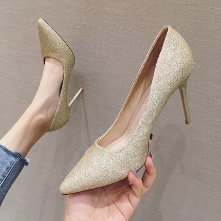 Giày búp bê cao gót nhũ kim tuyến 9p CG-0292 rosa