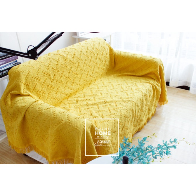 Chăn thảm phủ ghế sofa đan len tua rua màu vàng phong cách Bắc Âu / Bohemian