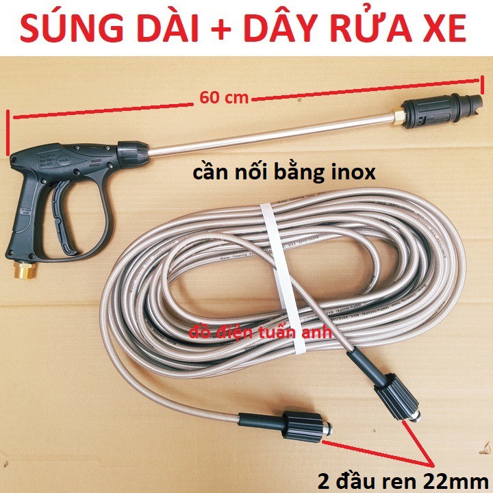 dây rửa xe 10,15,20m và súng rửa xe dài - súng rửa xe áp lực cao ren 22mm