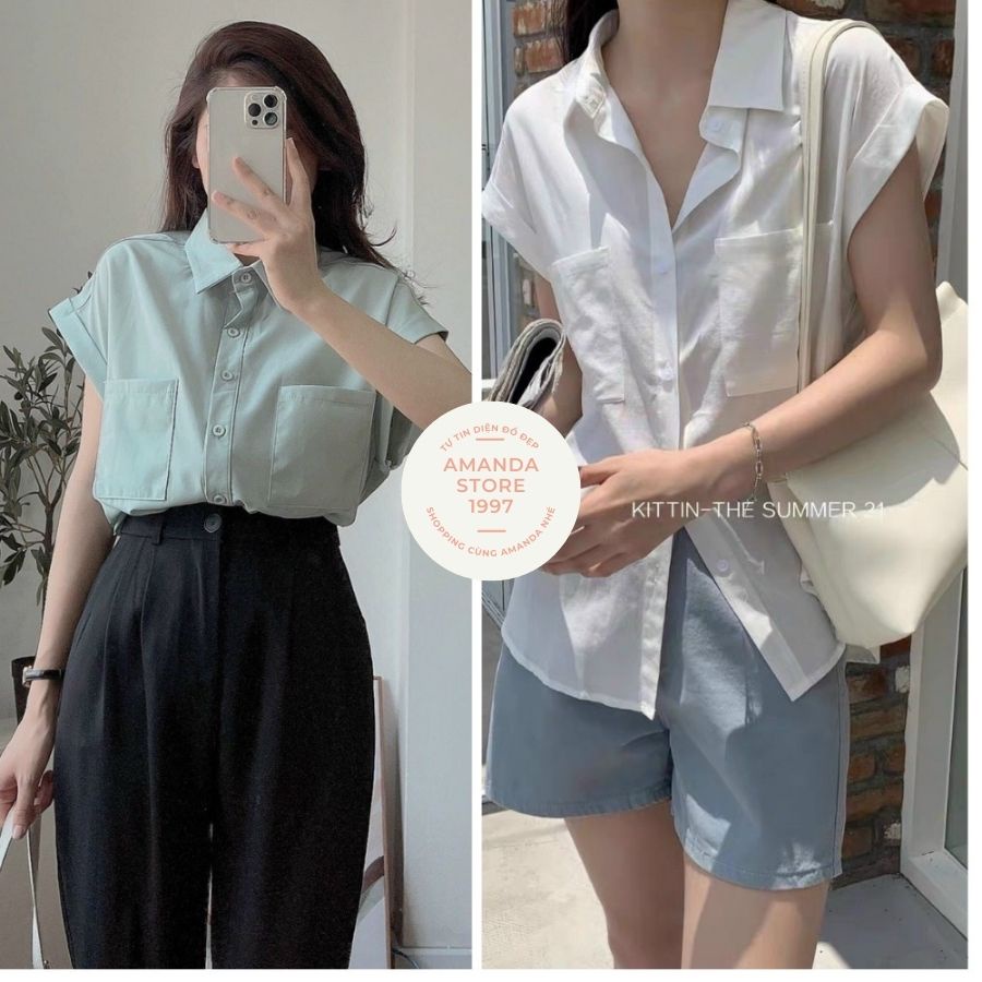 ÁO SƠ MI NỮ NGẮN TAY HIỀN HỒ CÓ 2 TÚI HOTTREND MÀU TRẮNG, XANH NHẠT, XANH BẠC HÀ , ÁO SƠ MI NỮ HIỀN HỒ