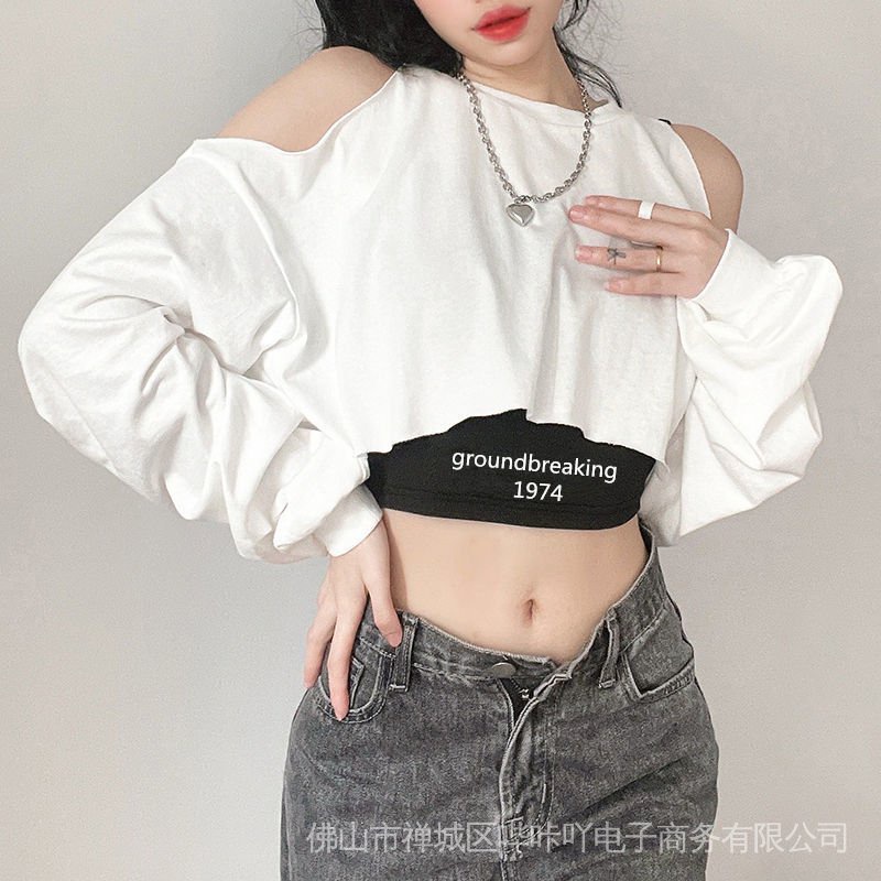 Set áo hở vai dài tay + áo thun ngắn eo cao thời trang cho nữ
