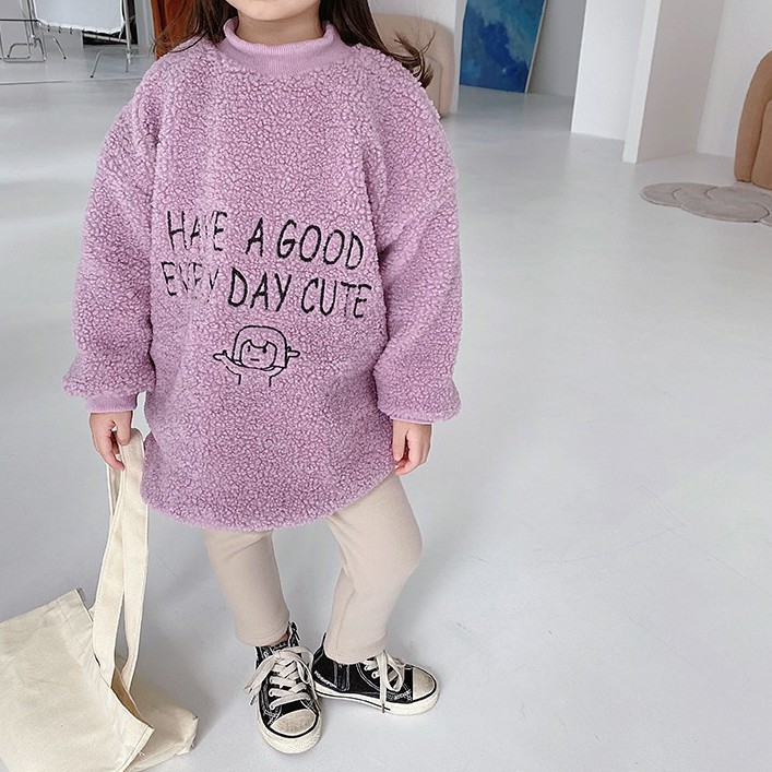 Đầm nỉ tay dài dáng rộng thêu chữ thời trang thu đông cho bé gái 1-7 tuổi