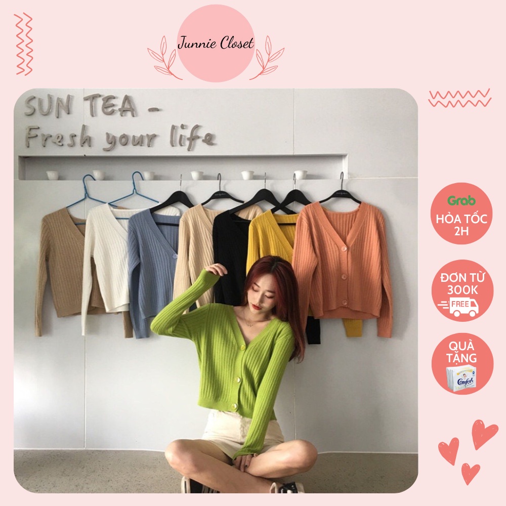Cardigan trơn cổ V lửng 3 khuy Áo len dáng ngắn freesize ulzzang Junnie Closet