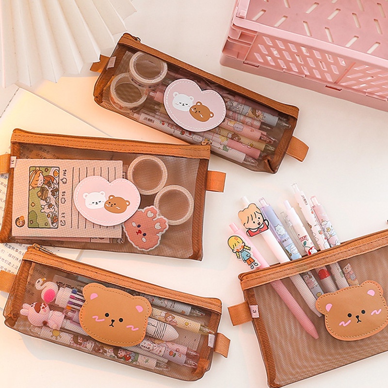 Bóp viết vải lưới trong suốt dung tích lớn in hình gấu dễ thương có khóa kéo