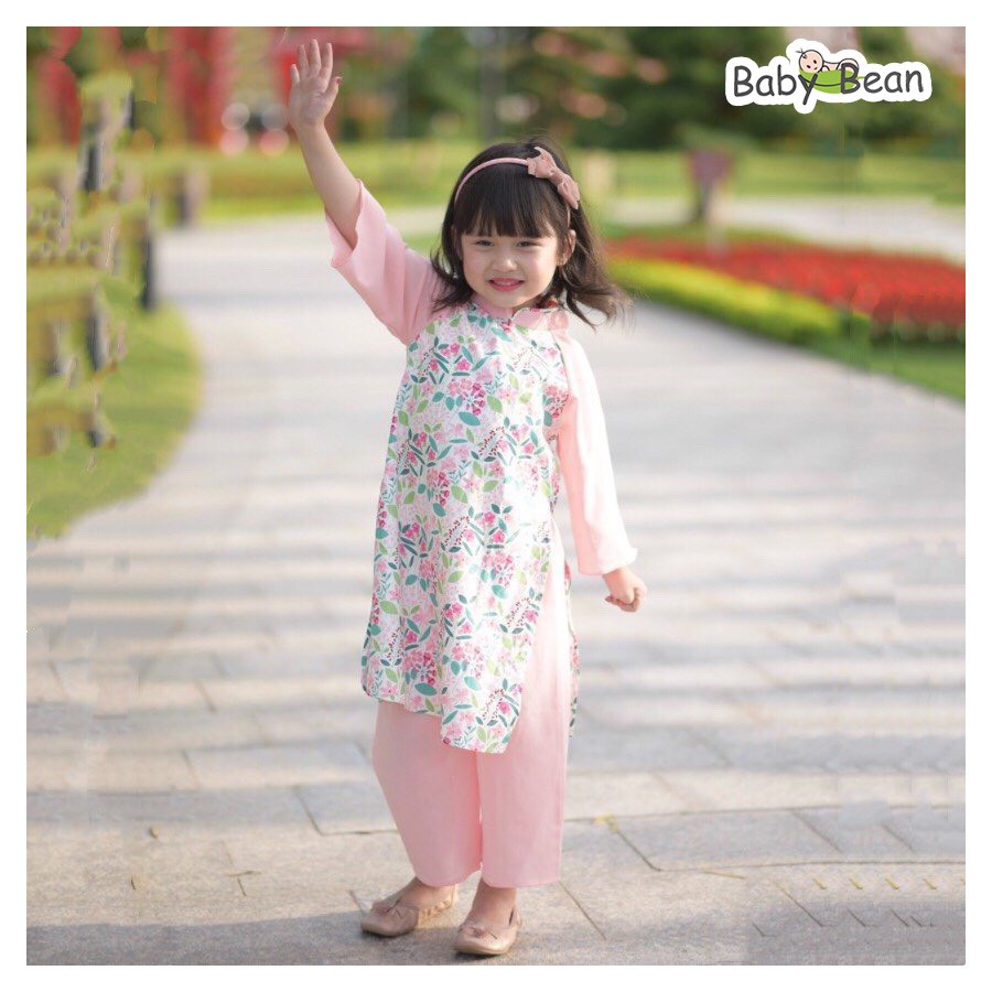 Bộ Áo Dài Truyền Thống vải Chiffon Hoa Xác Pháo Bé Gái BabyBean