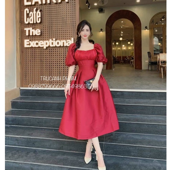 Đầm váy nữ cổ vuông tay phồng ngực xếp ly from dáng xòe sang trọng, quý phái thời trang nữ dự tiệc xinh xắn