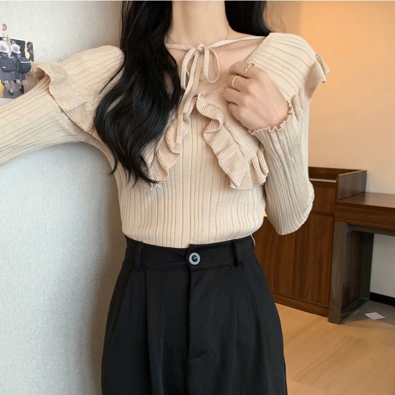 Áo sweater Pure Cube tay dài cổ chữ V thiết kế thắt dây mỏng thời trang thu đông mới cho nữ