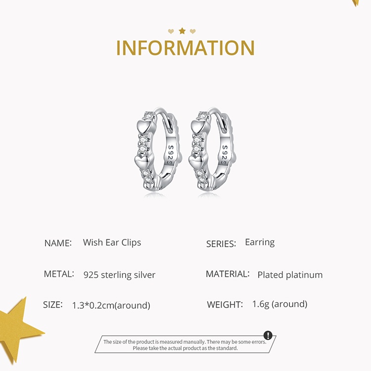 Bông tai BAMOER bạc 925 hình ngôi sao/ trái tim đính đá zircon thời trang