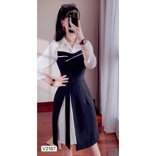 Váy đen phối trắng cổ sơ mi V2187 - DOLCE VIVA COLLECTION