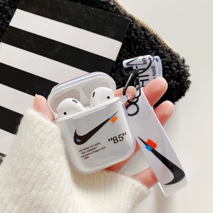 Vỏ bọc hộp đựng tai nghe Airpods 1/2 mềm mại trong suốt in họa tiết “Nike x Off-White” có dây đeo