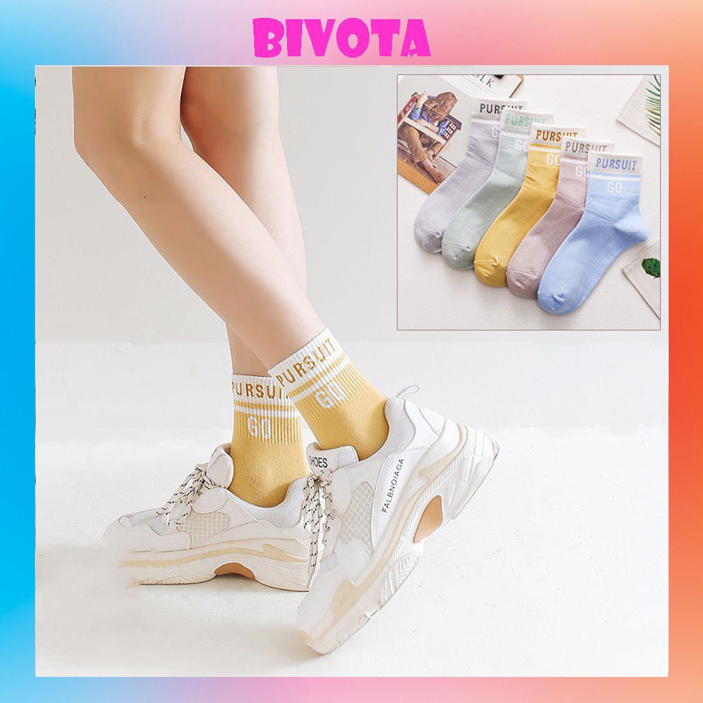 Set 5 đôi tất cổ cao Bivota vớ nữ họa tiết chữ PUSH GO cá tính T19