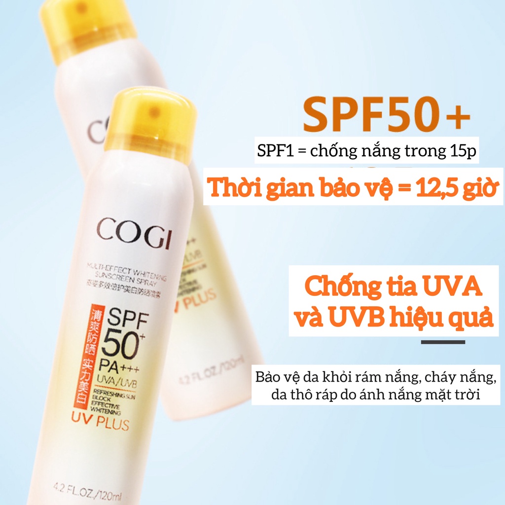 Xịt Chống Nắng COGI SPF50+ PA+++ UV Plus Trắng Da Dưỡng Ẩm 120ml