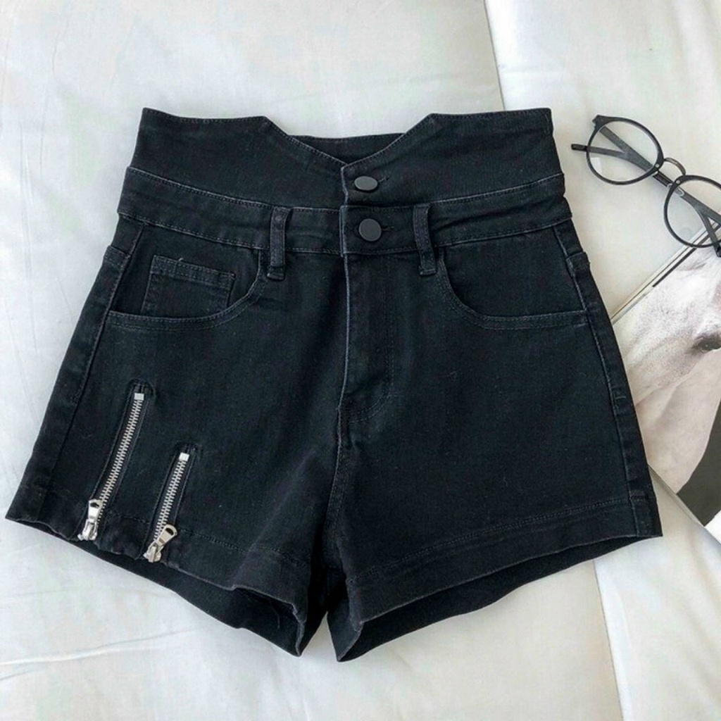 Quần Short Kaki Nữ Lưng Cao Phối Dây Kéo
