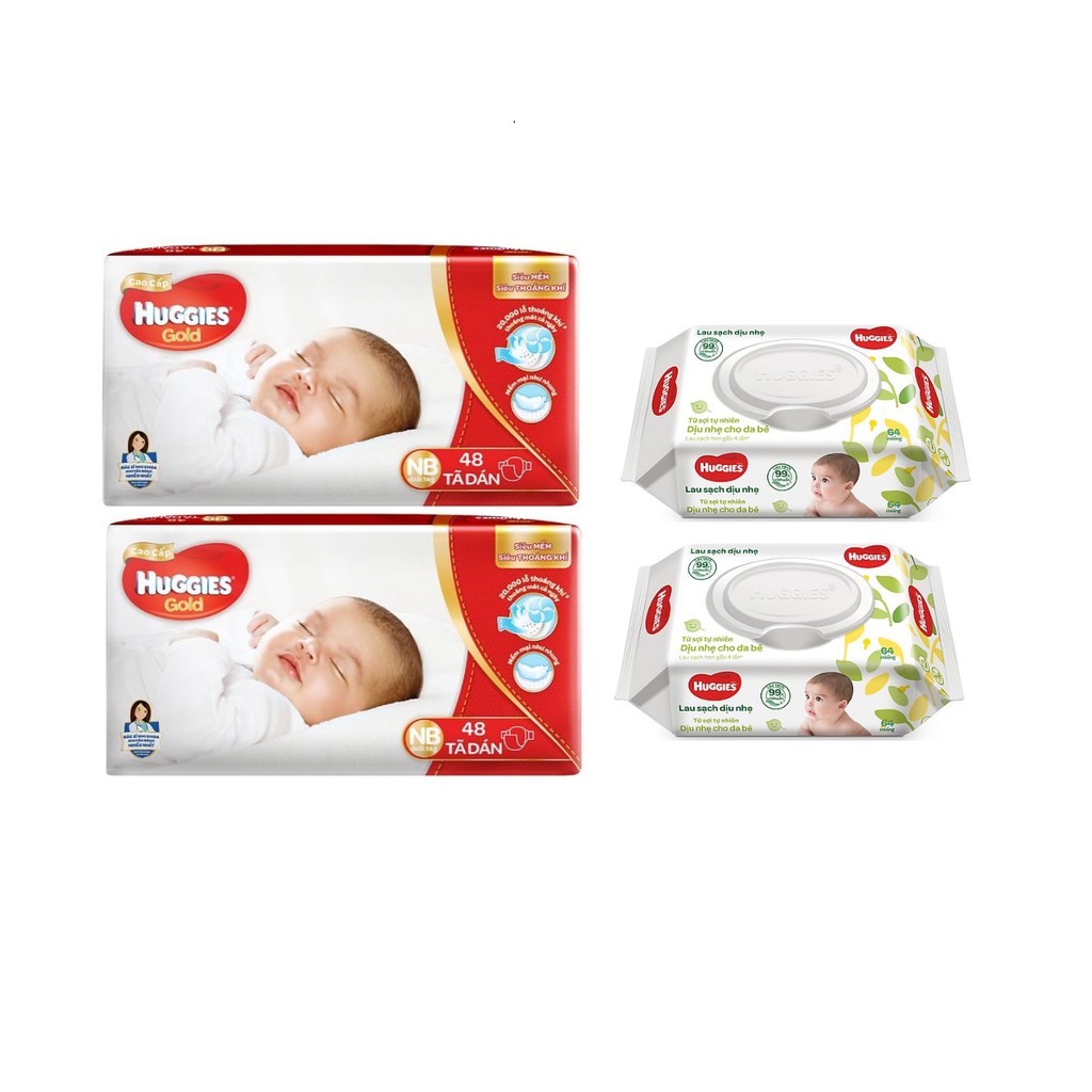 [Tặng 2 khăn ướt 64 tờ] Combo 2 tã sơ sinh cao cấp Huggies Gold NB48/gói