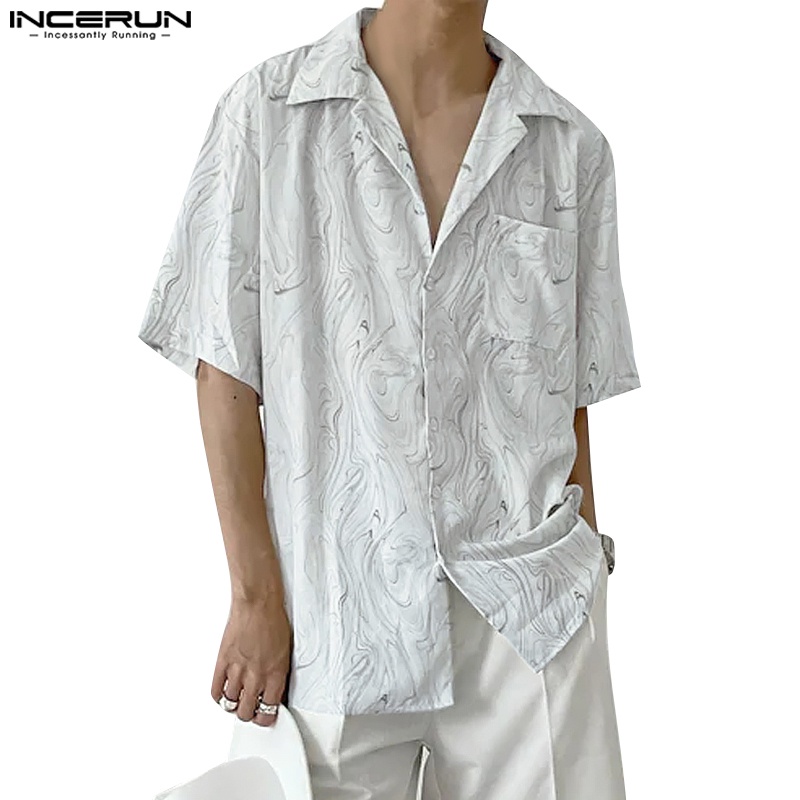 Áo sơ mi INCERUN nam tay ngắn dáng rộng họa tiết sọc thời trang cá tính