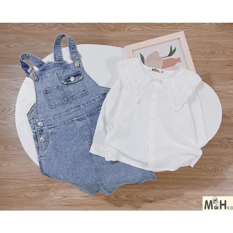 Bộ Yếm Bò Kèm Áo Sơ Mi Cổ Ren Cực Sang Chảnh Cho Bé Gái NIAKI - TT58