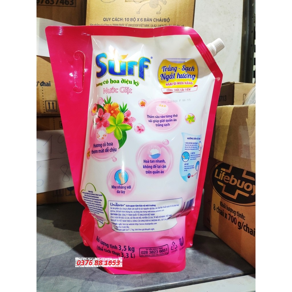 SURF Túi Nước Giặt 3.5kg 3.5 kg Hồng Cỏ Hoa diệu Kỳ có nắp vặn