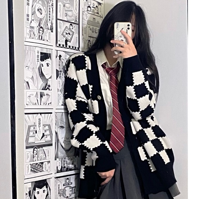 【ZHELIHANGFEI】Áo Khoác Cardigan Dệt Kim Tay Dài Cổ Chữ V Họa Tiết Sọc Caro