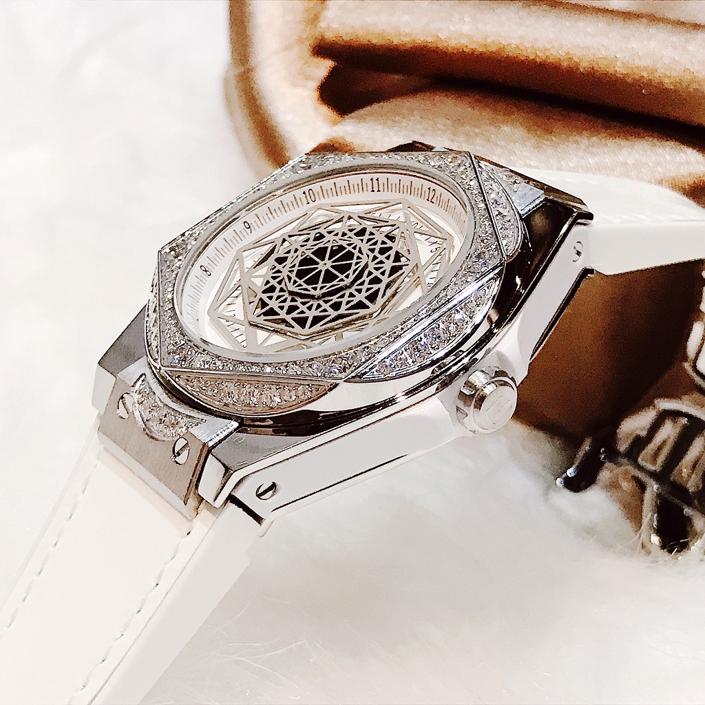 Đồng Hồ Huboler Hanboro Nữ Dây Silicon Bọc Da Trắng Silver 38mm Chính Hãng