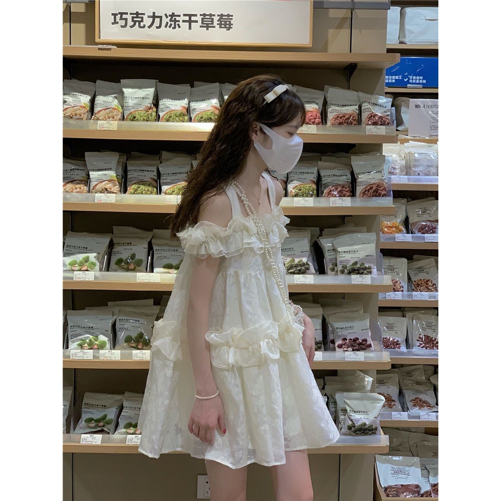 Váy babydoll Đầm Chữ A Dáng Suông Trễ Vai Phối Bèo Nhún Nữ Tính Hợp Thời Trang Kiểu Pháp