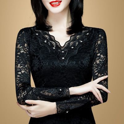 Autumn Winter Women Slim V-neck Long-sleeved Lace Bottoming Large Size fashion Shirt | BigBuy360 - bigbuy360.vn