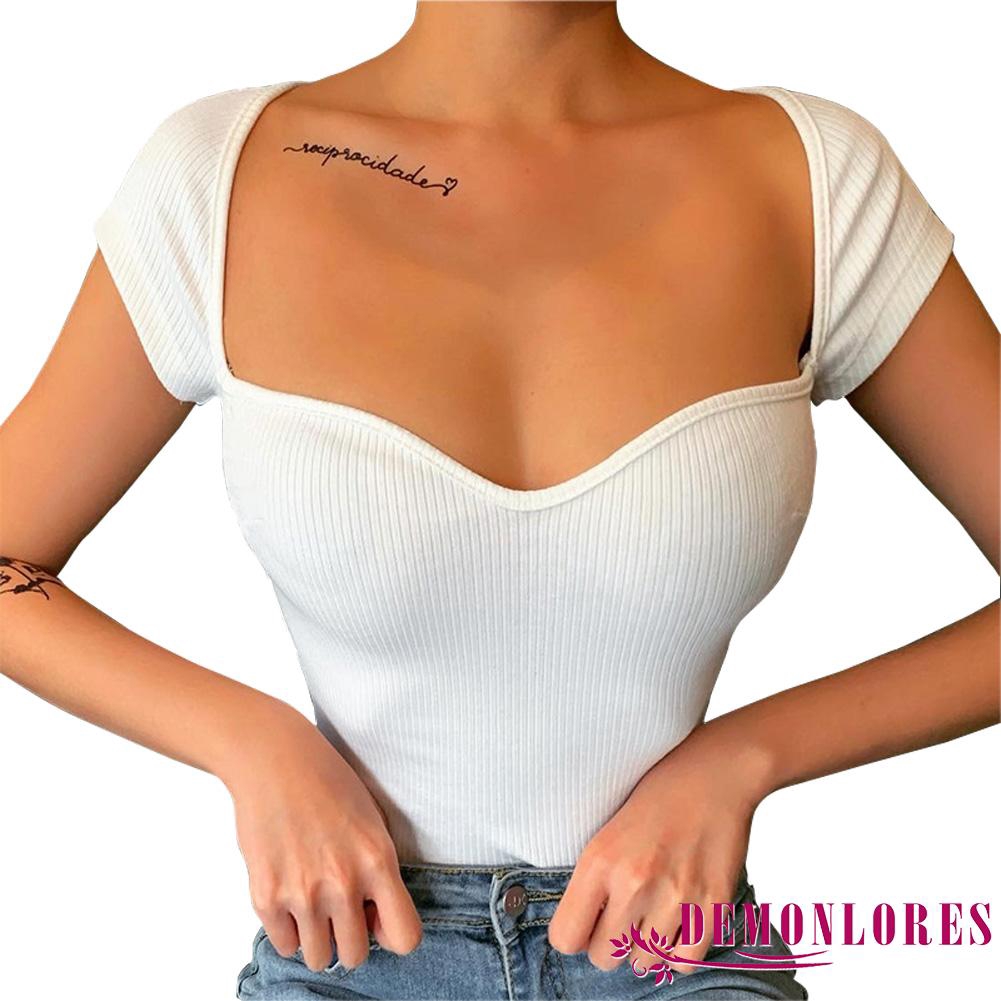 Áo thun cổ Y màu trơn dáng ôm vừa vặn gợi cảm cho nữ