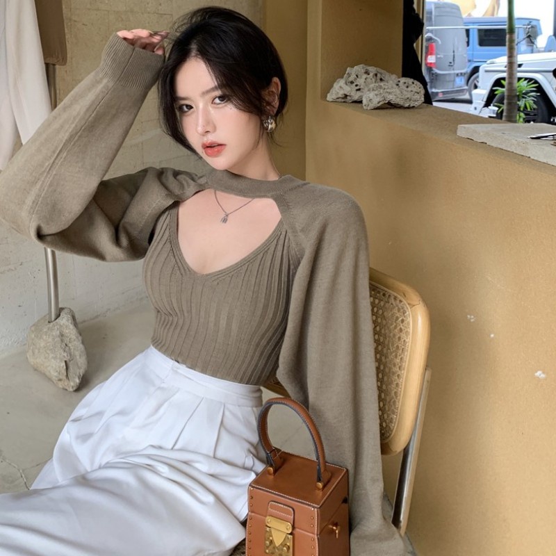 QKOOLE  Áo Dệt Kim Tay Dài Cổ Tròn Màu Sắc Đơn Giản Phong Cách Hàn Quốc Cho Nữ（only coat）