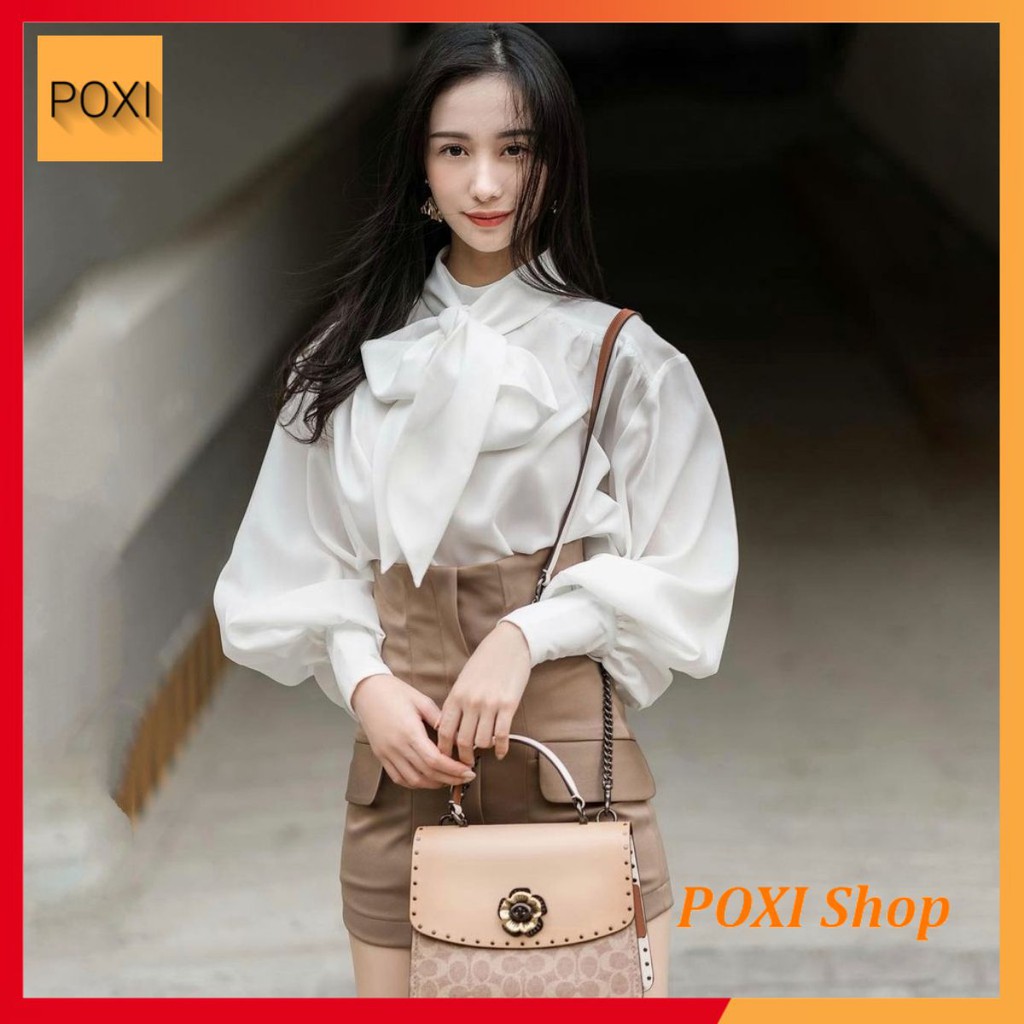 [ẢNH THẬT] Set Áo Cổ Điển + Quần Váy Cạp Cao Túi Nắp (Áo Trắng + QV Nâu)