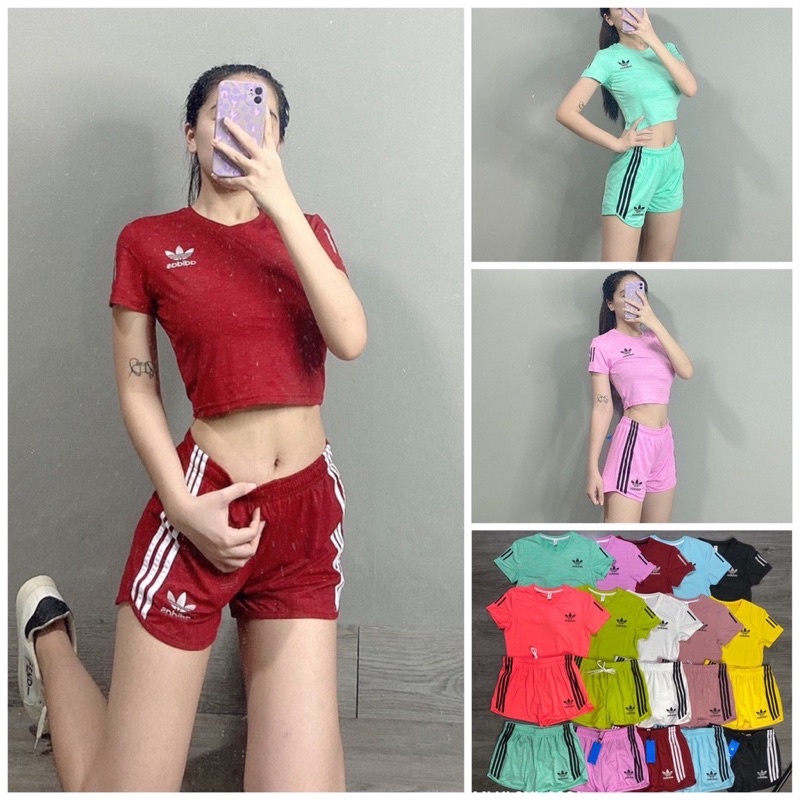 ĐỒ TẬP NỮ, BỘ ĐÙI + ÁO CROPTOP NỮ 3 SỌC VẢI THUN SIÊU ĐẸP ( quần 2 lớp)