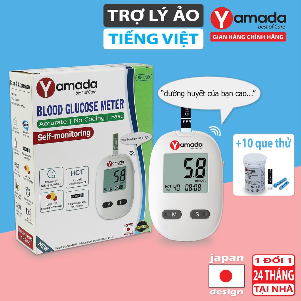 Máy đo đường huyết Yamada - Giọng nói tiếng Việt, thử tiểu đường, đo chỉ số hồng cầu HCT, tặng 10 que thử