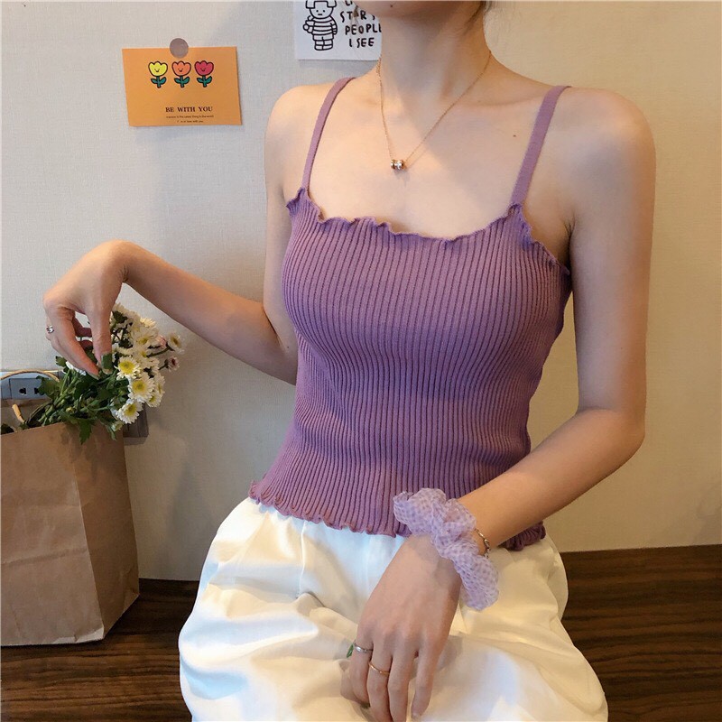 áo hai dây dệt kim nhún cổ