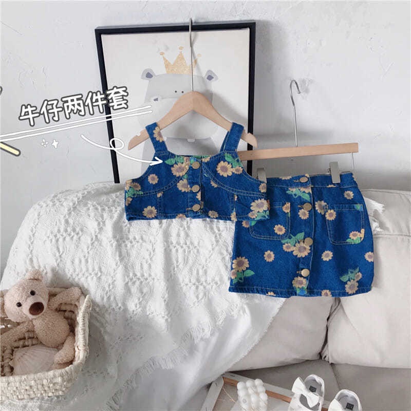 Bộ áo Denim + chân váy thiết kế mới thời trang mùa hè theo phong cách Hàn Quốc cho bé gái