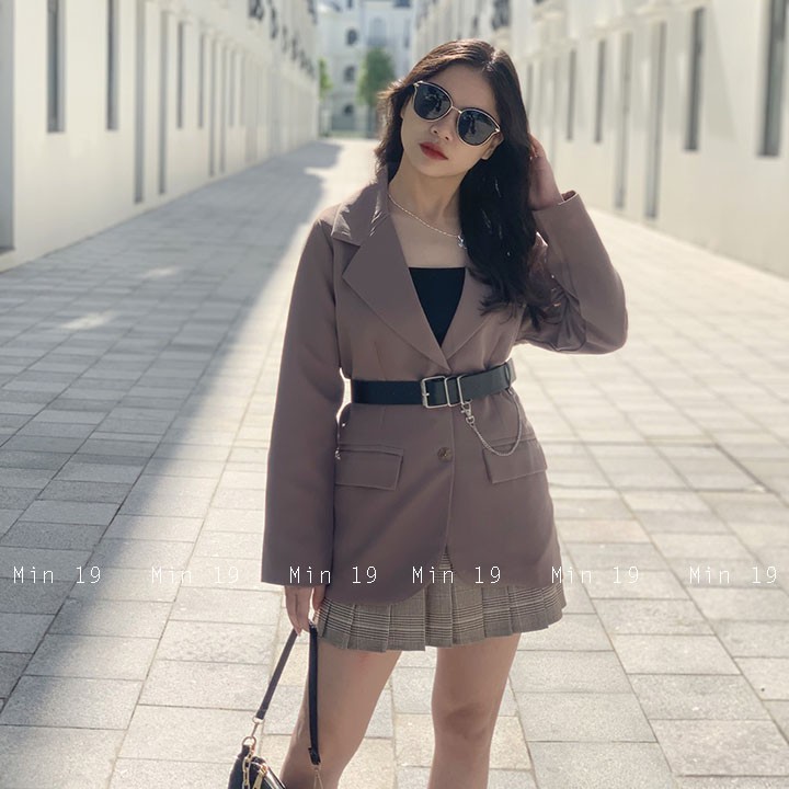 Áo vest nữ blazer công sở 2 lớp Hàn Quốc trơn dáng rộng tay dài túi nắp kiểu bigsize cá tính màu đen be nâu thời trang