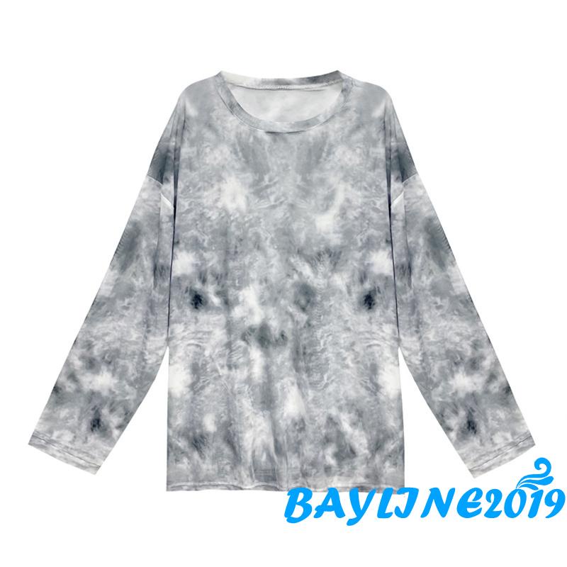 Áo Thun Tay Dài Cổ Tròn Xuyên Thấu Họa Tiết Màu Loang Thời Trang Đường Phố Cho Nữ