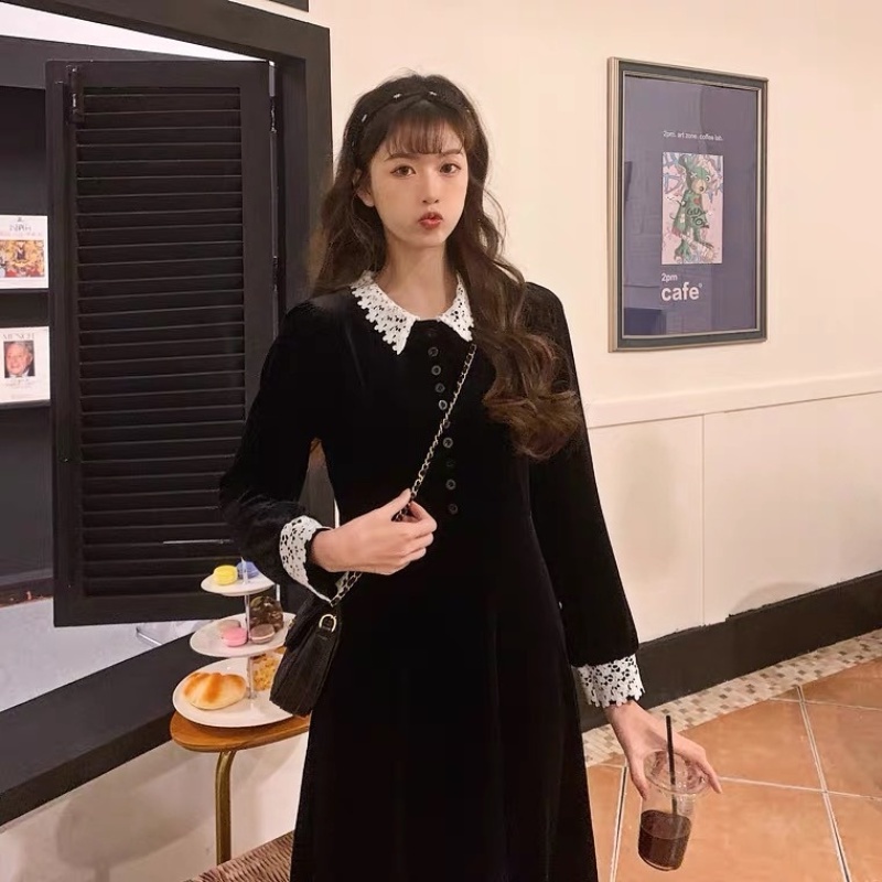 Đầm Nhung Phối Ren Thiết Kế Mới Thời Trang Mùa Thu Theo Phong Cách Hàn Quốc Dành Cho Nữ