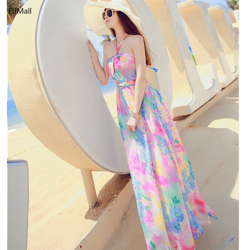 Đầm dài hai dây đi biển vải voan gợi cảm họa tiết hoa phong cách Bohemian thời trang mùa hè dành cho bạn nữ