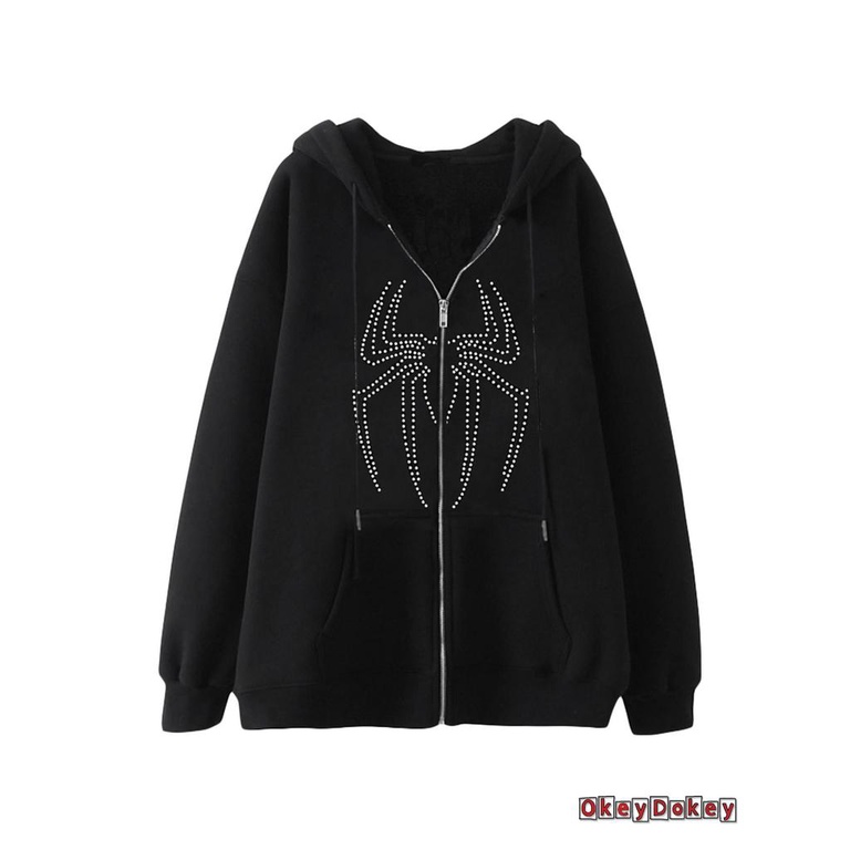 Odokey-y2k Áo Khoác Hoodie Nỉ Tay Dài Có Khóa Kéo Họa Tiết Ngón Tay Đầu Lâu Đính Đá Mặc Vào Mùa Thu Đường Phố